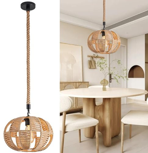YOODI Boho Lampe, Pendelleuchte Rattan Ø30cm, Vintage Hängelampe mit E27 Lampefassung Rustikal Hanfseil Esszimmerlampe, Deckenlampe Rattan für Schlafzimmer Wohnzimmer (ohne Leuchtmittel)