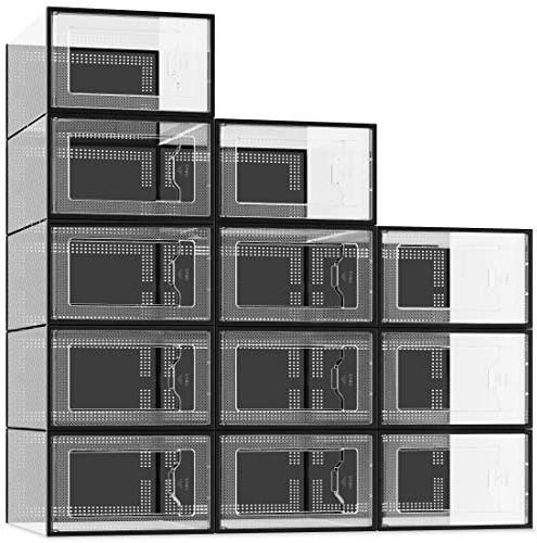 SEE SPRING 12er Set faltbare Schuhboxen Organizer, stapelbar - Für Schuhe bis Größe 44 - Kunststoff-Aufbewahrungsboxen schwarz/transparent