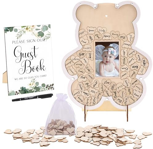 Mogokoyo Bär Gästebuch mit Bilderrahmen und 60 Holz Herzen & Holzbären zum beschriften für Hochzeit Babyparty Taufe Geburtstag