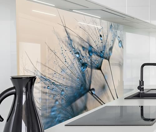 timalo Spritzschutz Wand für Herd, Küche Küchenrückwand Glasoptik | Acryl Glas 2mm | Glasrückwand Acrylglas Wandpaneele Rückwandschutz Platte | 60x40cm Pusteblume mit Regentropfen
