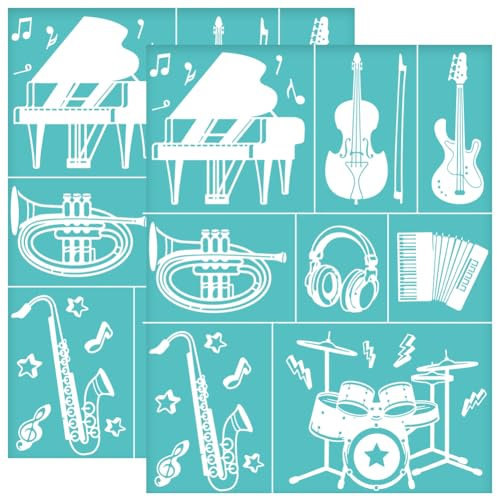 OLYCRAFT 2 Stück 22x28cm Siebdruckschablone Mit Musikthema Selbstklebende Siebdruckschablone Musikinstrumente Netztransfer Klavier Gitarre Schlagzeug Schablonen Zum Malen Auf Holz DIY T-Shirt Stoff