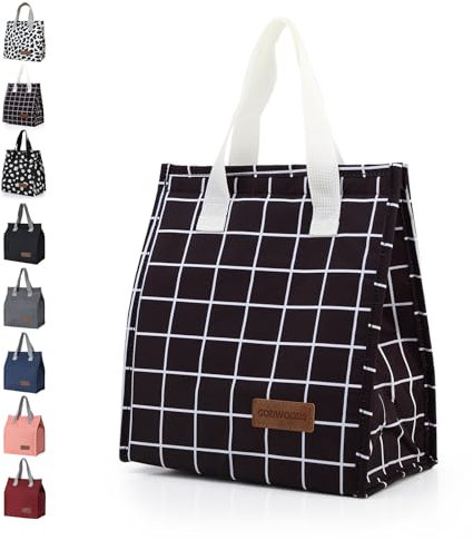GODWOODS Insulated Lunch Bag for Women Men Large Lunch Box Container Reusable Leakproof Tote for Office, Work, Beach or Travel (Black Grid)
