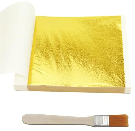 INNAL 200 Blatt Blattgold, Imitation Blattgold zum Basteln mit Pinsel Goldflocken Goldfolie zum Basteln Blattgold Acrylmalerei für Nägel Möbel Dekoration DIY Handwerk Kunstprojekt (9x9cm)