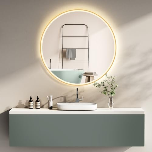HOKO LED Badspiegel Beschlagfrei rund 80 cm Stockholm mit Metall Rahmen Gold. Runder Wandspiegel Energiesparend LED beleuchtet, Touch Schalter, Farbtemperatur stufenlos einstellen 2700K-6500K