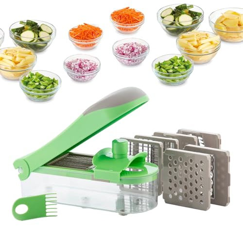 Tagliaverdure, Mandolina e Grattugia 3 in 1 - Affettatrice Manuale con 7 Opzioni di Taglio, Ricette e Accessori per Pulizia, 27.5x8.5x11.5cm, in ABS e Acciaio Inox