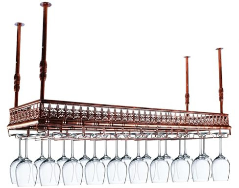 KK-GGL Rack en Verre À Vin, Heavy Duty Plafond Bouteille De Vin Et Porte-Verre, Vintage Bar Verre À Vin Hanging Rack, Réglable Industrial Hanging Stemware Organisateur,Copper 180cm