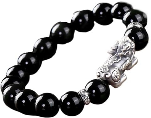Feng Shui-Armband, Feng Shui-Reichtumsarmband, schwarzes Obsidian-Pi-Xiu-Armband, Perlenarmband aus reinem Silber, Pi-Yao-Kristallarmband, Glücksbringer, Tian Lu, glückverheißendes Wort, Quarz-Amulett
