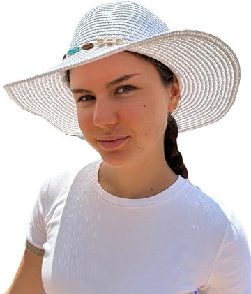 Chapeau blanc pour femme en paille Protection solaire Panama Pamela Plage Été Casquette de soleil Visière enroulable avec nœud avec décorations Bleu/marron, blanc, Taille Unique