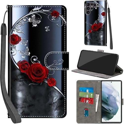 Handyhülle für Samsung Galaxy S22 Ultra Hülle PU Leder Schutzhülle Klappbar mit Kartenfach Ständer Handytasche mit Kameraschutz Flip Case Klapphülle für Samsung S22 Ultra, silberner Schmetterling
