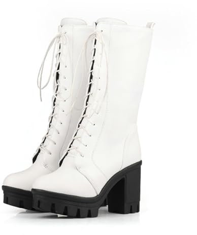 KUHAOFEU Donna Stivali da Motociclista metà Polpaccio Scarpe da Combattimento Biker Stivali,Bianca,38 EU