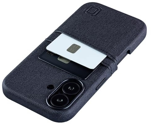 Dockem Kartenetui V2 für iPhone 16 mit Kameraausschnitt, eingebauter Metallplatte & 2 Kartenfächern: M2 Luxe Canvas-Stil Kunstleder Wallet Case (Kohlschwarz)