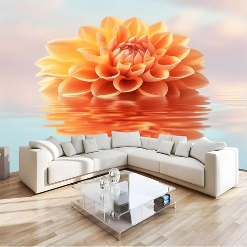 Couleur Orange Papier Peint 3D Panoramique Fleur De Dahlia Intissé Peinture Murale Décor Mural, Pour Salon Chambre Tv Fond Murale Décoration 350 X 256 Cm