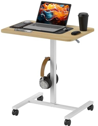 HOMCOM Height Adjustable Standing Desk, Pneumatic Sit Stand Desk for Laptop, Mobile Overbed Table with Wheels and Headphone Hook for Home Office, Natural Wood Finish