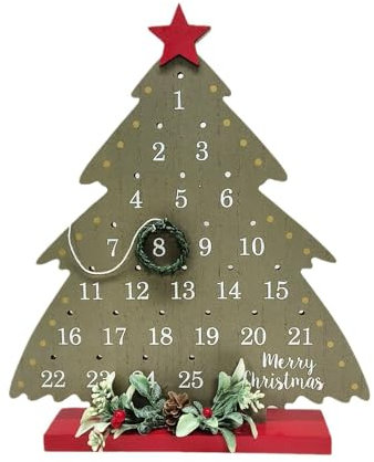 MISNODE Calendario della'Avvento con Conto Alla Rovescia per Natale da 25 Giorni, Conto Alla Rovescia per Natale a Forma di Albero di Natale Calendario della'Avvento in Legno con