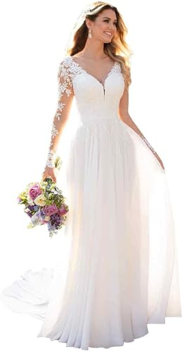 HUINI Damen Brautkleid mit Ärmel Boho Lang Spitzen Hochzeitskleid Standesamt A-Linie Strand Brautmode Kleid