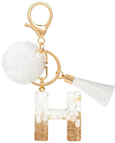 MWOOT Schlüsselanhänger Buchstabe H Bommel Quasten, Cute White Gold Keyring mit Namen, Schön Frau Personalisiert Keychain Auto Schlüsselanhänger, Tasche Dekoration Anhänger Schulanfang Geburtstag
