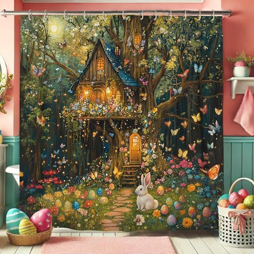 Fanciful Shower Curtain, Enchanted Forest Treehouse Decor with Rabbit and Butterflies, Colorful Spring Easter Theme Waterproof Fabric Shower Curtain Set with Hooks 72x72 Inch