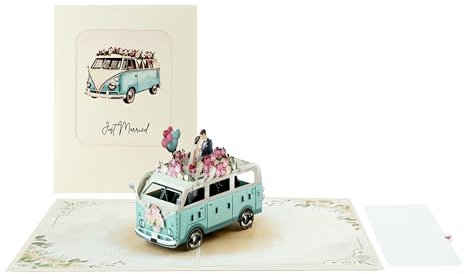 Cavoado® 3D Pop-Up Karte Hochzeit 20cm x 15cm XL Card– Just Married Retro Camping Van – Hochzeitskarte mit Bus-Motiv, Geschenkkarte mit Umschlag