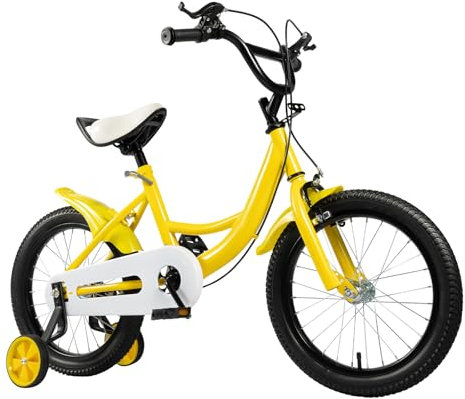 LKHDONG 16 Zoll Kinderfahrrad, Kinderrad für ab 5-8 Jahre, Kinder Fahrrad Mädchen Jungen, Fahrrad Kinder Höhenverstellbares, Tretfahrrad mit Stützräder Vorderen und Hinteren Bremsen (Gelb)