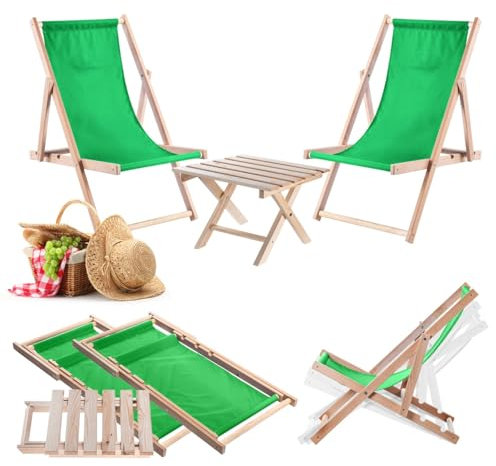 KADAX Klapptisch mit 2 Liegestühlen, Kleiner Gartentisch aus Holz, Beistelltisch für Balkon und Garten, Kaffeetisch klein, Balkontisch klappbar (Grün)