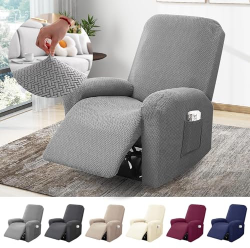 BOYIFEIJIE 1-Sitzer Sessel Überzug, Sesselbezuge Stretch mit Taschen, All-Inclusive Streifen-Jacquard Sesselschoner für Fernsehsessel Relaxsessel Sesselhusse (Hellgrau, 4-Teilig)