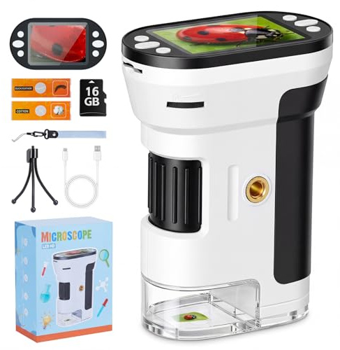 Microscope Enfant 1000x, Microscope Numérique avec Écran IPS 2,0″, Carte 16 Go, LED et Recharge USB, Microscope Enfant Portable Kit Prêt à l’Emploi, Cadeau pour Enfants à Partir de 6 Ans