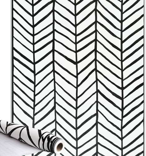 Qenlup Black and White Herringbone Wallpaper, 44x300cm | Self Adhesive Geometric Striped Textured Contact Papers For Living Room Bathroom Kitchen