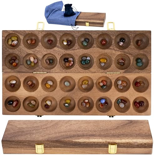 Engelhart-350600 – Mancala Doppelt Luxus Klappbar – 75 Halbedelsteine – Traditionelles Afrikanisches Brettspiel – Nussbaumholz 44 × 25 × 2,5 cm – Regeln Enthalten