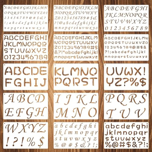 Wemoralix 15 Pack Alphabet Stencils for Painting, Reusable Letter and Number Templates for DIY Crafts & Art Projects, Multi-Size