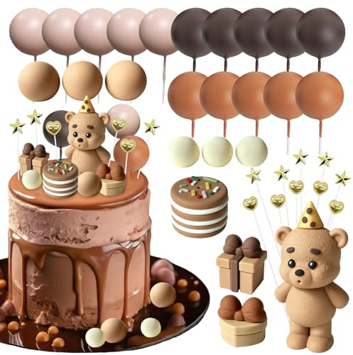 Feegela Tortendeko 1. Geburtstag Junge, 35 Stück Teddybär Set | Kuchendekoration Set, Inkl. Cake Topper, Deko Kugeln, Sterne & Herzen, Für Kuchen, Cupcakes und Partys