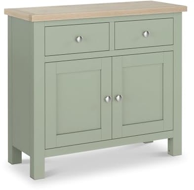 RoselandFurniture Farro Sage Green Small Sideboard for Living Room | Fully Assembled, 2 Door Buffet Cabinet with Washed Oak Top, Painted Finish, Cottagecore Style, H80cm W90cm D36cm