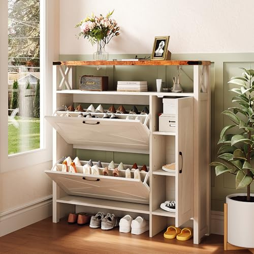 Bonnlo 108cm Wide Shoe Cabinet with Storage, Barn Door Hallway Unit, Retro Brown & White, 3 Fixed Shelves for Shoes, Entryway, Mudroom