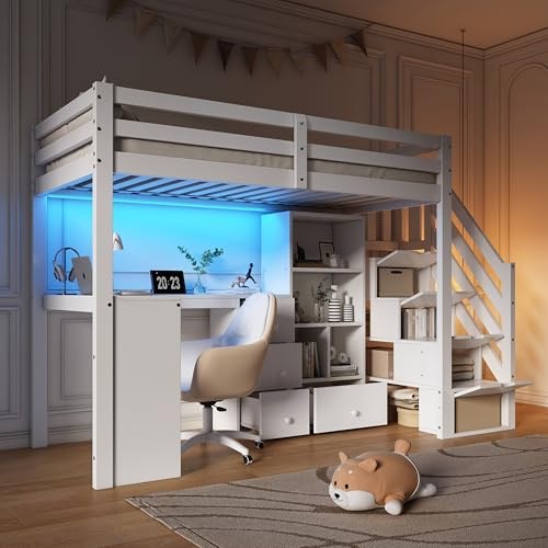 3FT Single Loft Bed Frame with Storage Stairs&Drawers&Locker, Wooden Bunk Bed with RGB LED Lights&L-Shaped Desk, Storage Bed with Guardrail, High Sleeper Cabin Bed Frame for Kids Teens Adults, White