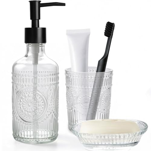 GKSCXEXE 3-teiliges Badezimmer Zubehör Set, Glas Seifenspender Set Bad | 500ml Seifenspender, Seifenschal und Zahnputzbecher, Modernes Bad Accessoires Zahnputzbecher Set für Bad, Sonnenblumen-Design