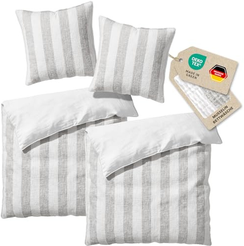 Pure Label Musselin Bettwäsche Set 4-TLG. 2x135x200 2x80x80 Streifen, Grau | Anschmiegsam, atmungsaktiv und gestreift für gemütlichen Schlafkomfort