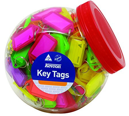 Kevron Blaue Schlüsselanhänger mit Etiketten, 56 x 30 mm, 100 Stück in Sichtbox für Identifikation, Sicherheit, Gepäck, Haustiernamen, Speichersticks, Zuhause und Büro