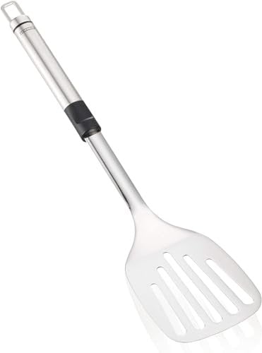 Leifheit Espátula de Acero Inoxidable para freir y cocinar a la Plancha a Altas temperaturas, Espumadera con cómoda empuñadura Ovalada, Plateada y Negra