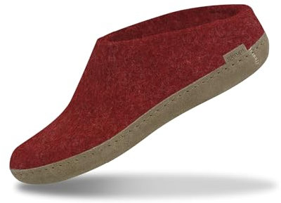 GLERUPS Slip On Hausschuhe Damen und Herren (Größe 12) | Rot Unisex Slipper aus Wolle mit Ledersohle
