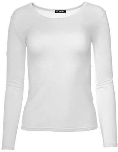 Easy Young Fashion - Damen Basic Rundhals Shirt - Langarm Unterziehshirt - Skinny Fit 1093 - Weiß M