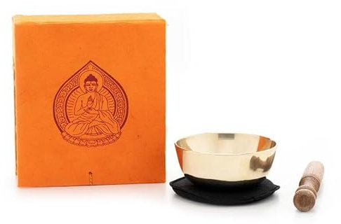 Kleine gegossene Klangschale mit hellem Klang in einer aufwendig gearbeiteten Geschenk-Box aus orangefarbenem handgeschöpften Naturpapier mit 'Buddha' ... in orangefarbiger Buddha-Box mit Zubehör