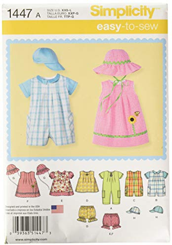 Simplicity Sewing Pattern 1447: Babies' Romper, Dress, Top, Panties and Hats, Size A, Paper, White, A (XXS-XS-S-M-L)
