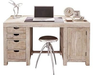 MASSIVMOEBEL24.DE | Akazie massiv Möbel Holz Schreibtisch Massivmöbel Nature White #70 getüncht