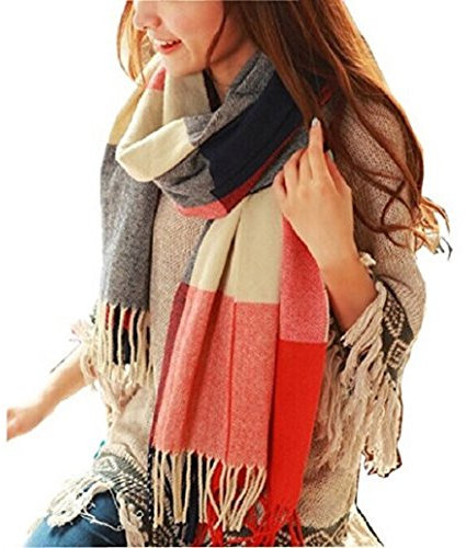 heekpek Damen Kariert Oversized Kaschmir Schal Lange Winterschal Weich Wraps Groß Karo Fransen Schal Warm Schal für Herbst Winter, Blau rot