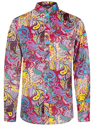 Dominic Stefano Men's Shirts Button Down Luxury Satin Printed Patterned British Tailored Long Sleeve Party Casual Fancy Formal Men's Dress Shite Shirts 425 (XL, Red)