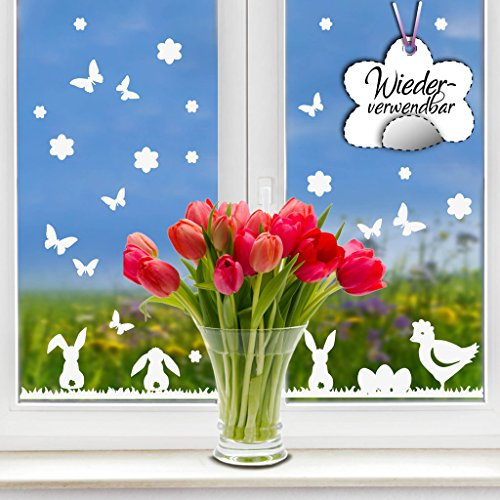 Wandtattoo Loft Fensterbilder Frühling Selbstklebend Hasen, Henne & Schmetterlingen – Weiße Sticker & Wiederverwendbar – Deko Frühling, Frühlingsbild Fenster, Fensterdeko Frühling, Fensterbild Ostern