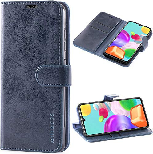 Mulbess Handy-Hülle für Samsung Galaxy A41 Schutzhülle, Magnet Handyhülle Leder, Flip Wallet Cover, Kartensteckplatz, Vintage Dunkel Blau