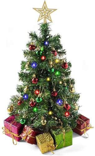 Prextex 23 Inch Tabletop Mini Christmas Tree - 5pcs Gift Box, Hanging Ornaments, & Star Treetop, Small Pop Up Artificial Tree, Home Decor, Kitchen Table, Mini Bar, Party Table, Coffee Table Decoration