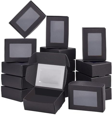 BENECREAT 30 Pack Kraftpapierboxen mit klarem Fenster 8.5x6x3cm Schwarze Geschenkverpackungsboxen für Schmuck Speicher Display, Hochzeit, Valentinstag