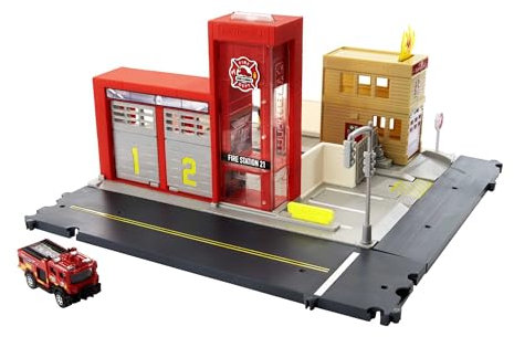 Matchbox HBD76 - Feuerwache Spielset, mit 1 Feuerwehrauto im Maßstab 1:64, Licht- und Soundeffekten und beweglichen Teilen, für Kinder ab 3 Jahren
