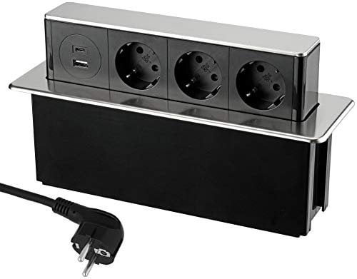Versenkbare 3-Fach Aluminium Steckdosenleiste, USB-A USB-C, Dämpfung